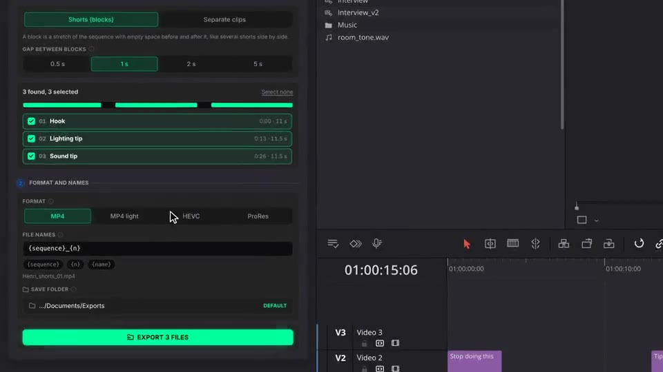 Choosing HEVC and adding the {name} token to the file name pattern in Auto Export