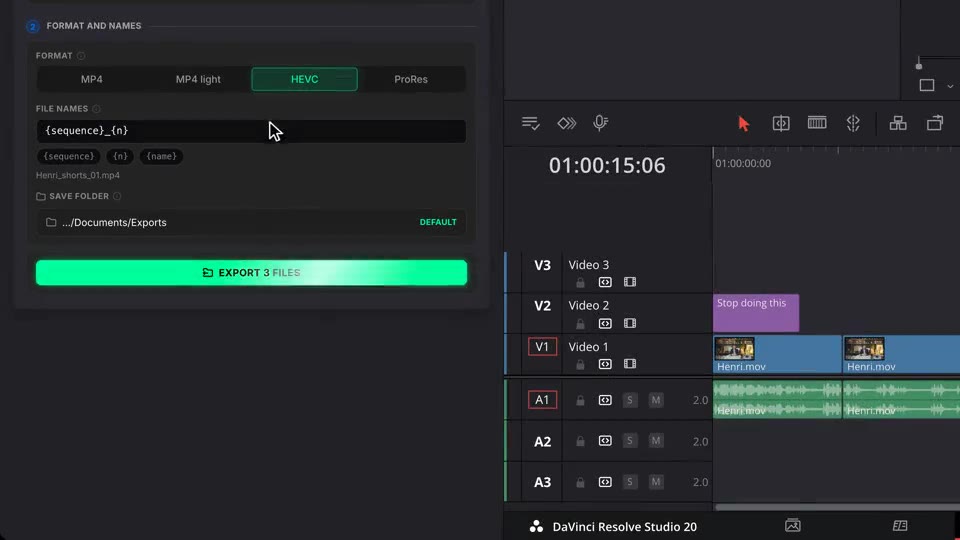 Clicking Export 3 files: each short is checked off on the timeline and the panel confirms 3 files exported