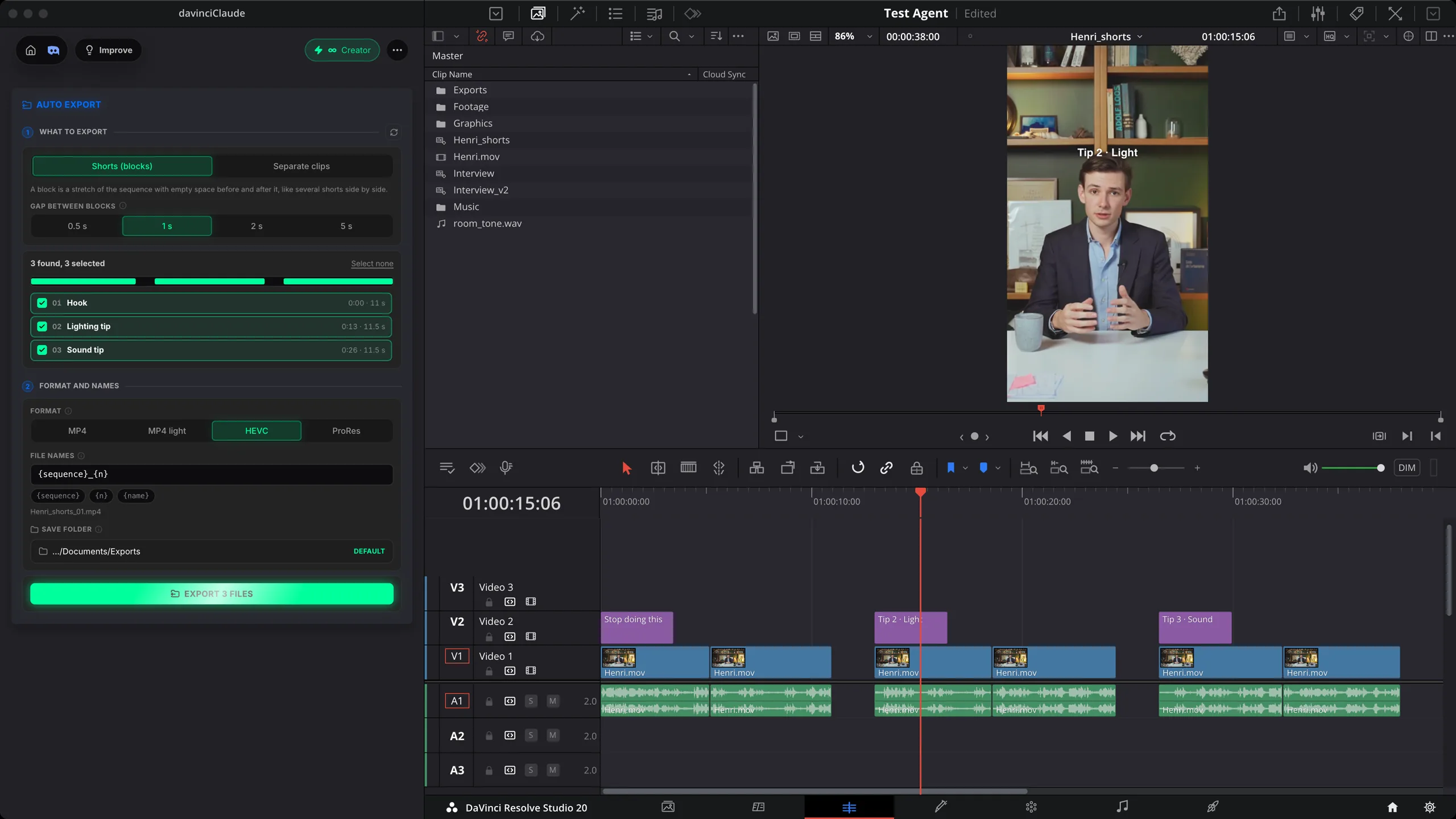 Auto Export listing three shorts found on a vertical DaVinci Resolve sequence, ready to export in HEVC