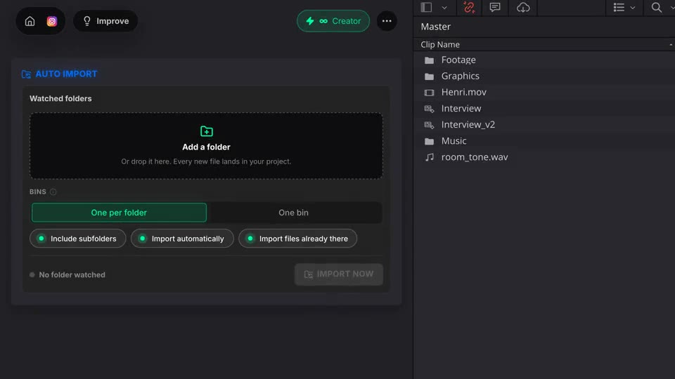 Der Ordner Downloads wird in Auto Import hinzugefügt, seine Dateien erscheinen im Projektfenster