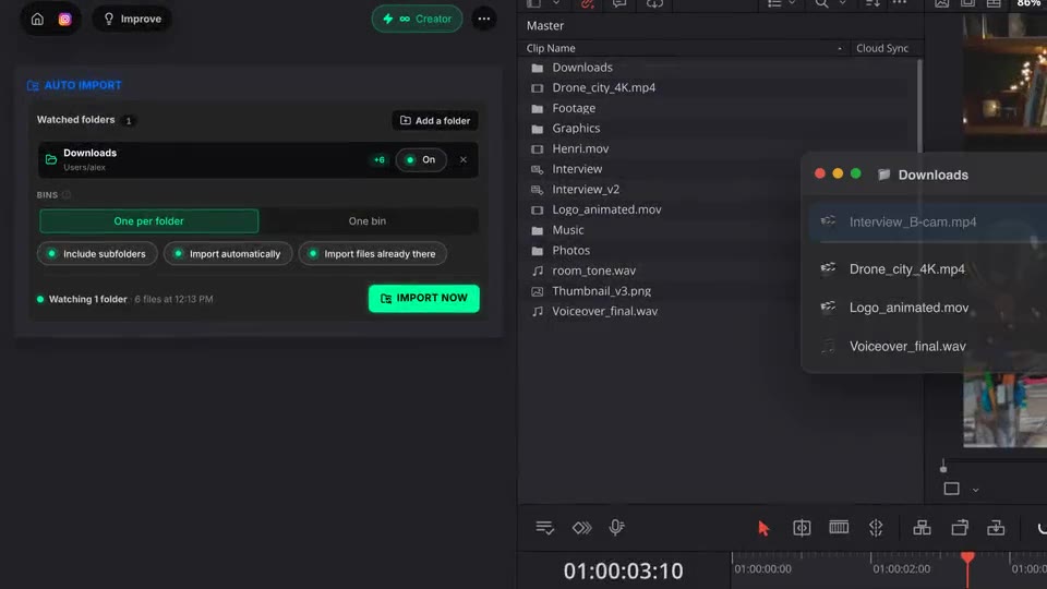 Ein neues Video wird in Downloads fertig geladen und erscheint im Projektfenster