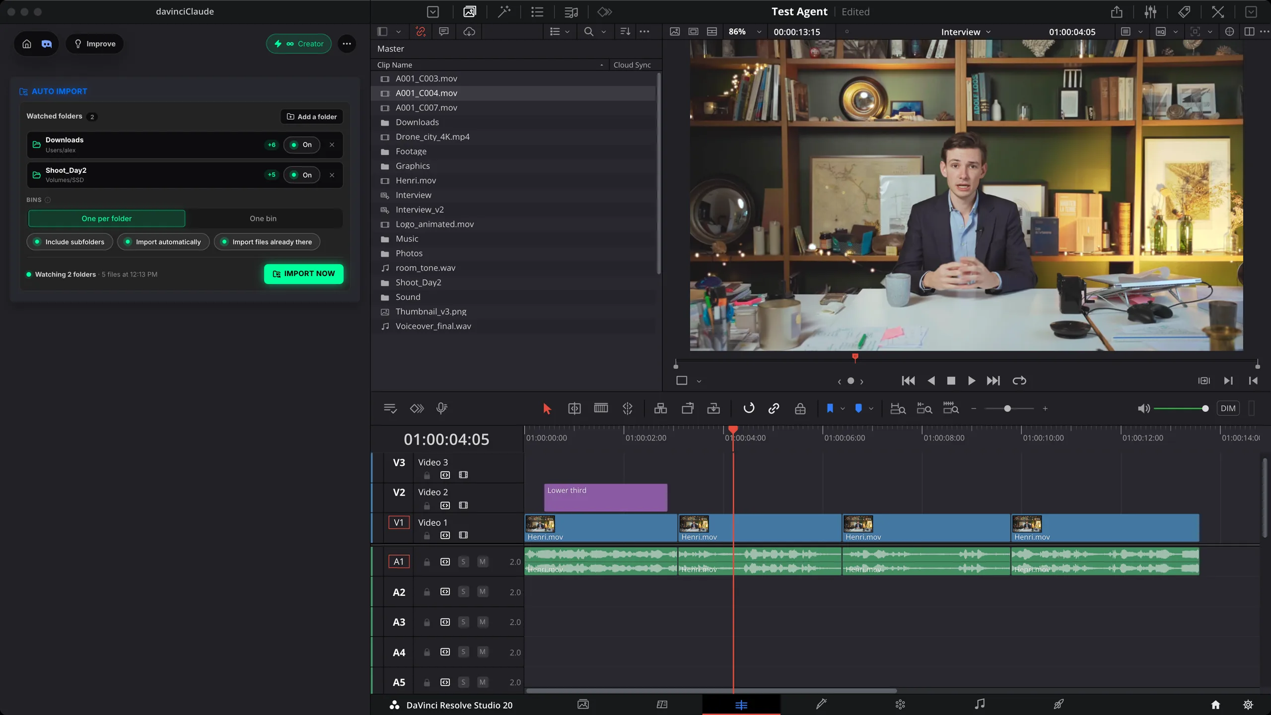 Auto Import Panel überwacht die Ordner Downloads und Shoot_Day2, die importierten Dateien liegen sortiert in Ablagen im Projektfenster von DaVinci Resolve