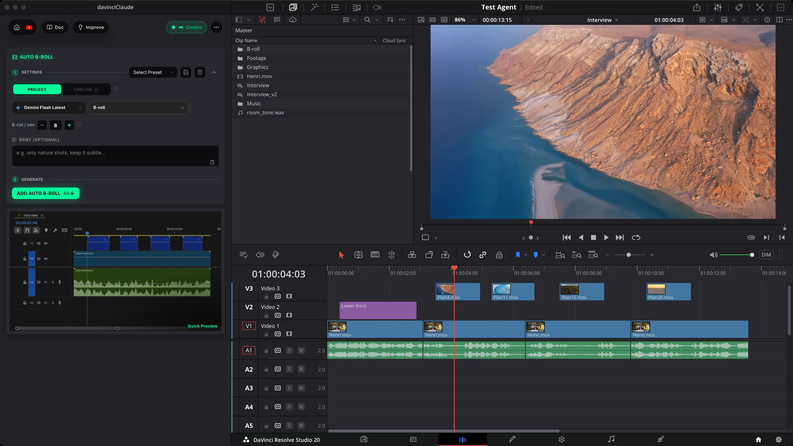 Auto B-Roll legt Reise-B-Roll auf Spur V3 über ein Interview in einer DaVinci Resolve Timeline