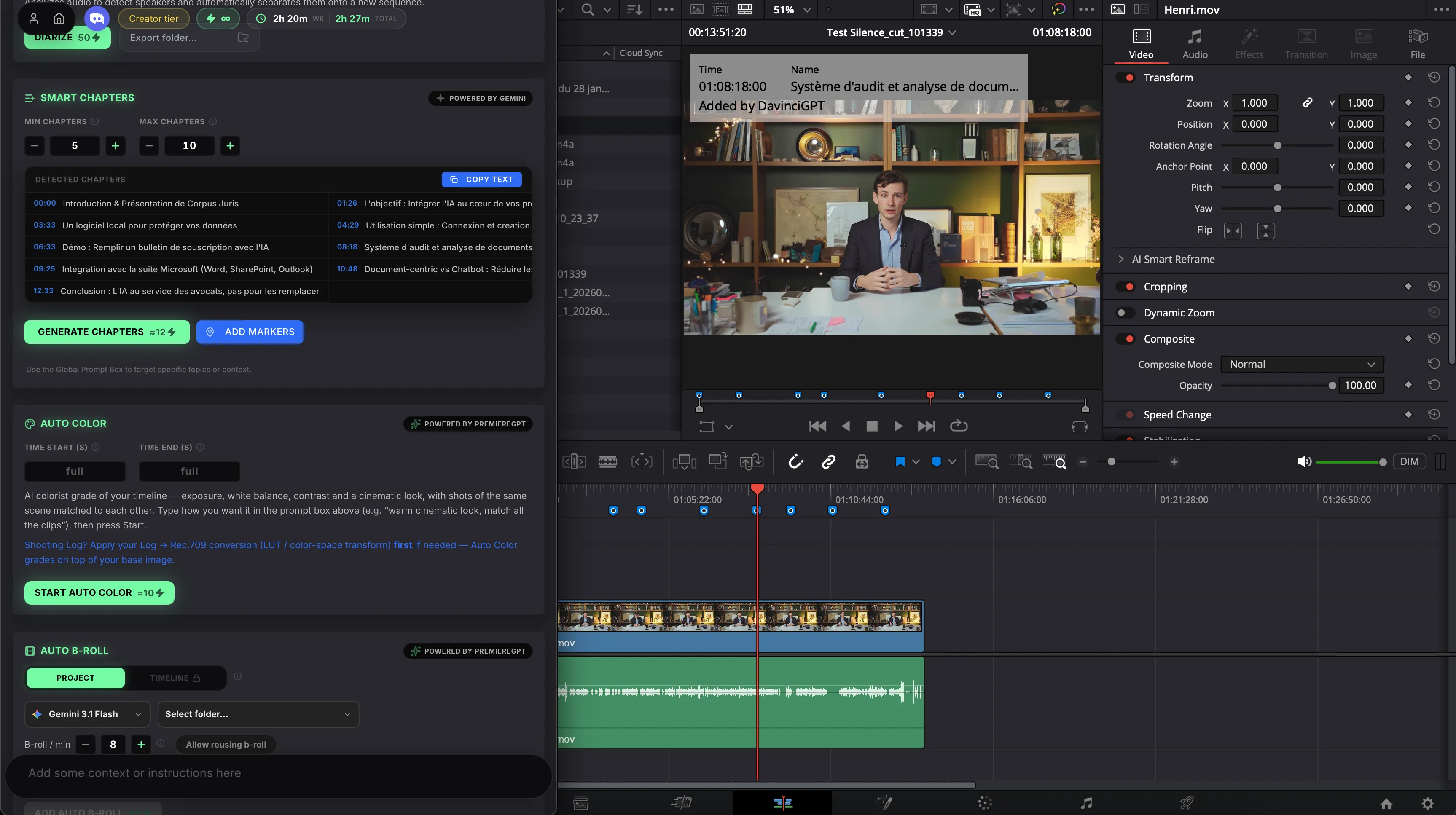 Auto Chapters generating native DaVinci Resolve markers and a YouTube-ready description from a single prompt
