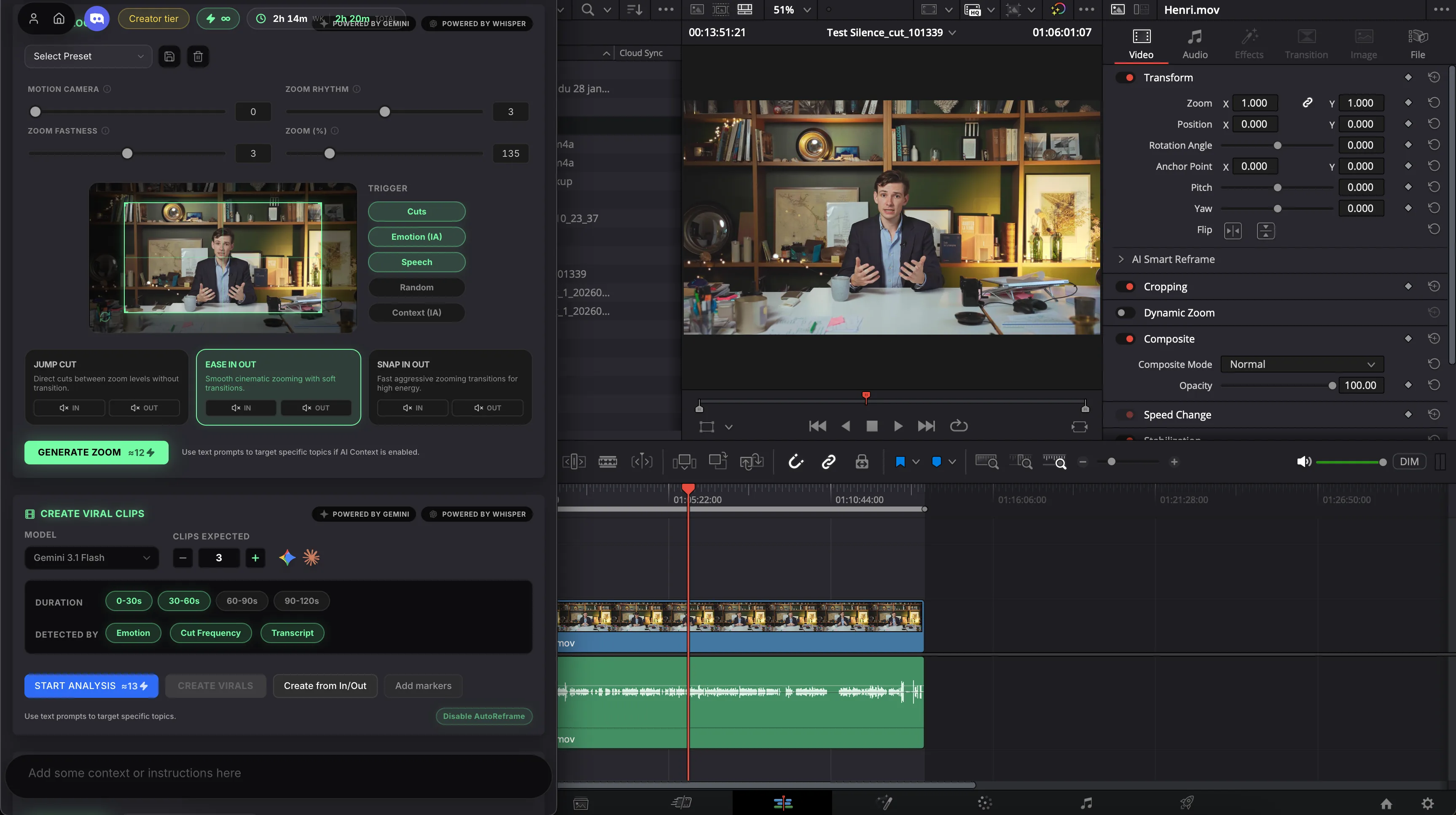 Auto Zoom adding emotion-driven zoom effects on a DaVinci Resolve timeline