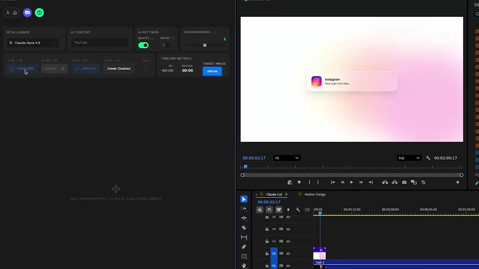 Claude Cut transcribing the DaVinci Resolve timeline in 99 languages