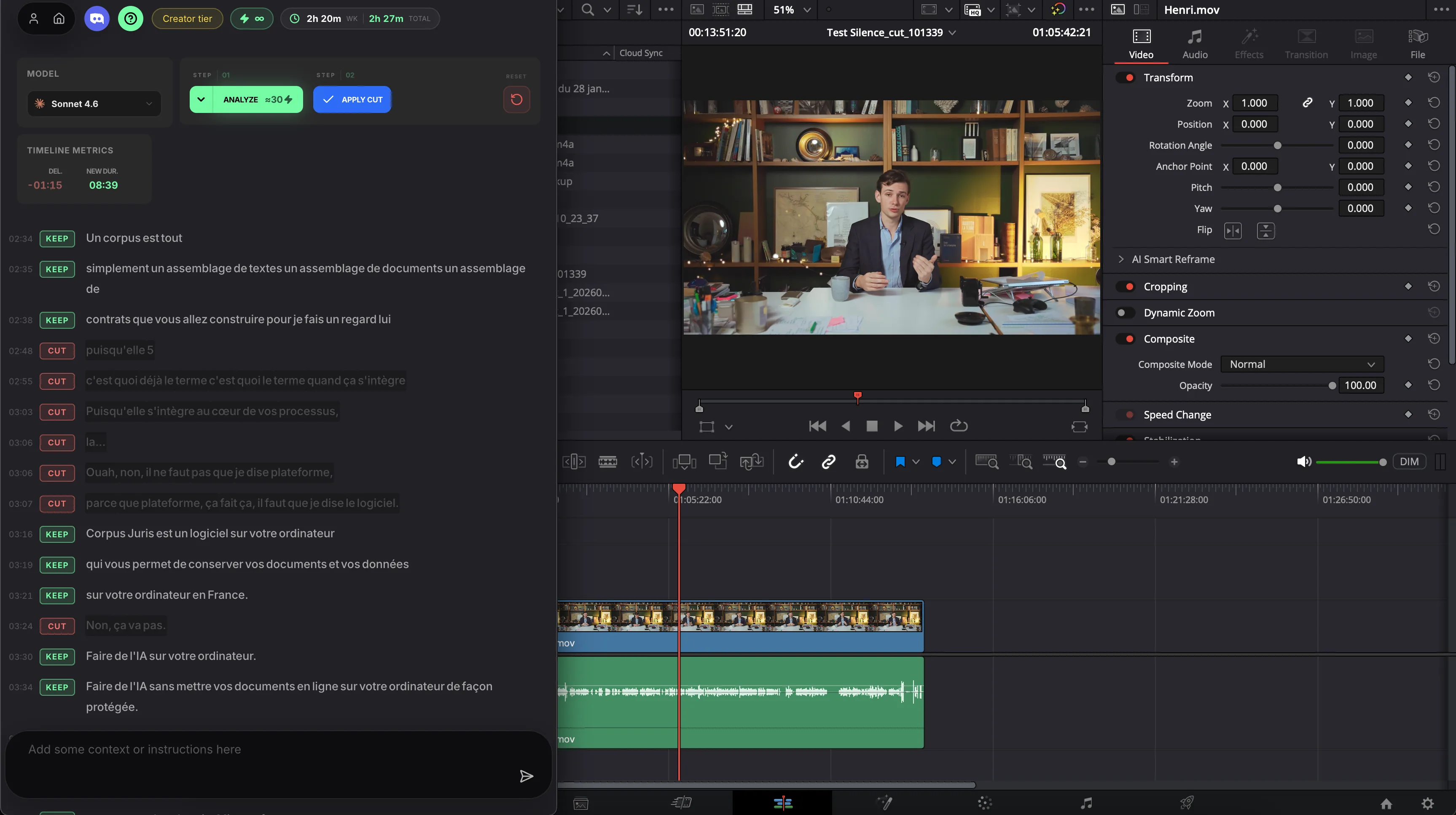 Claude Cut editing a DaVinci Resolve timeline — transcript-driven cuts and Anthropic Claude in the panel