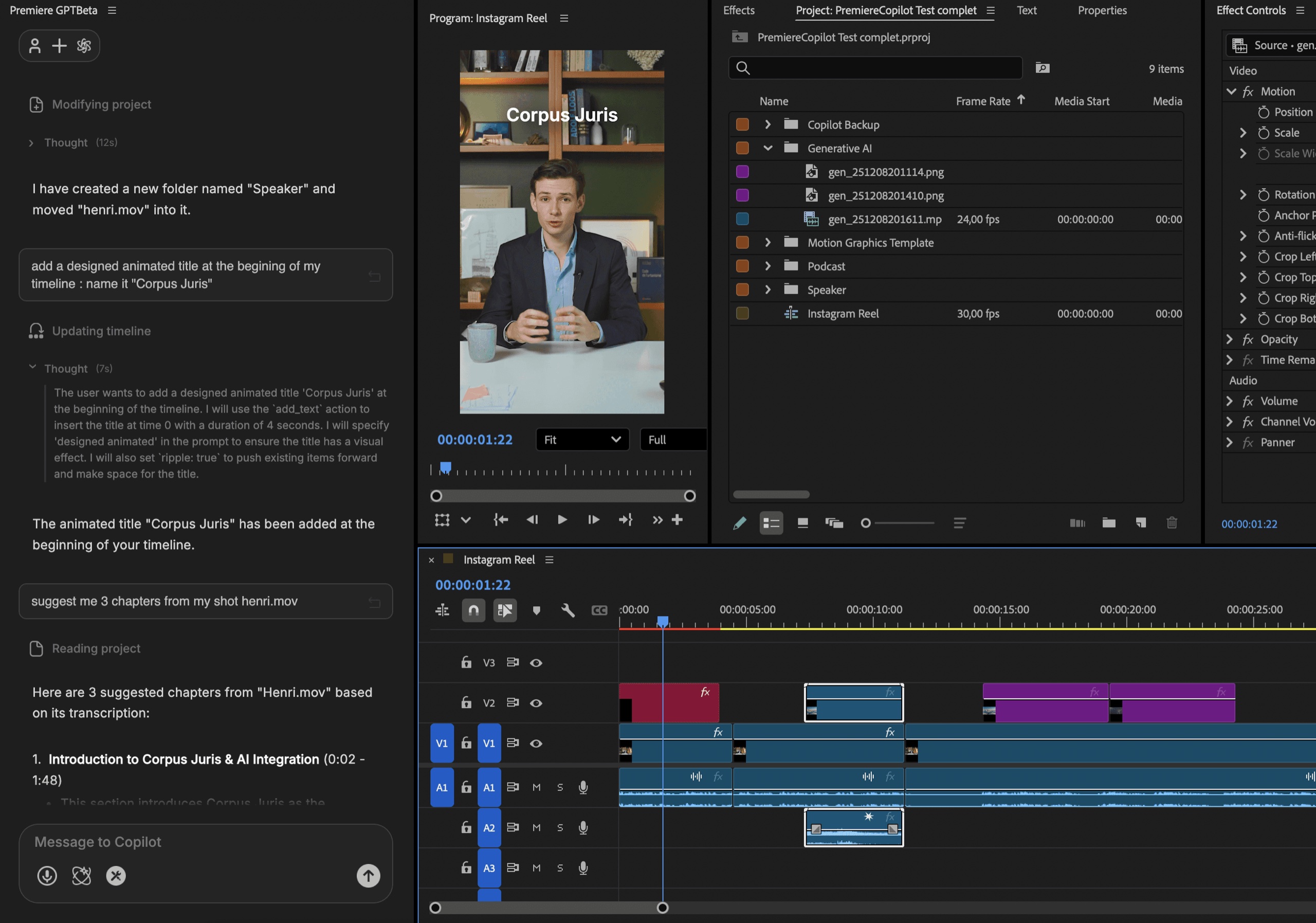 DavinciClaude Claude panel running inside DaVinci Resolve — chat-to-edit on the timeline