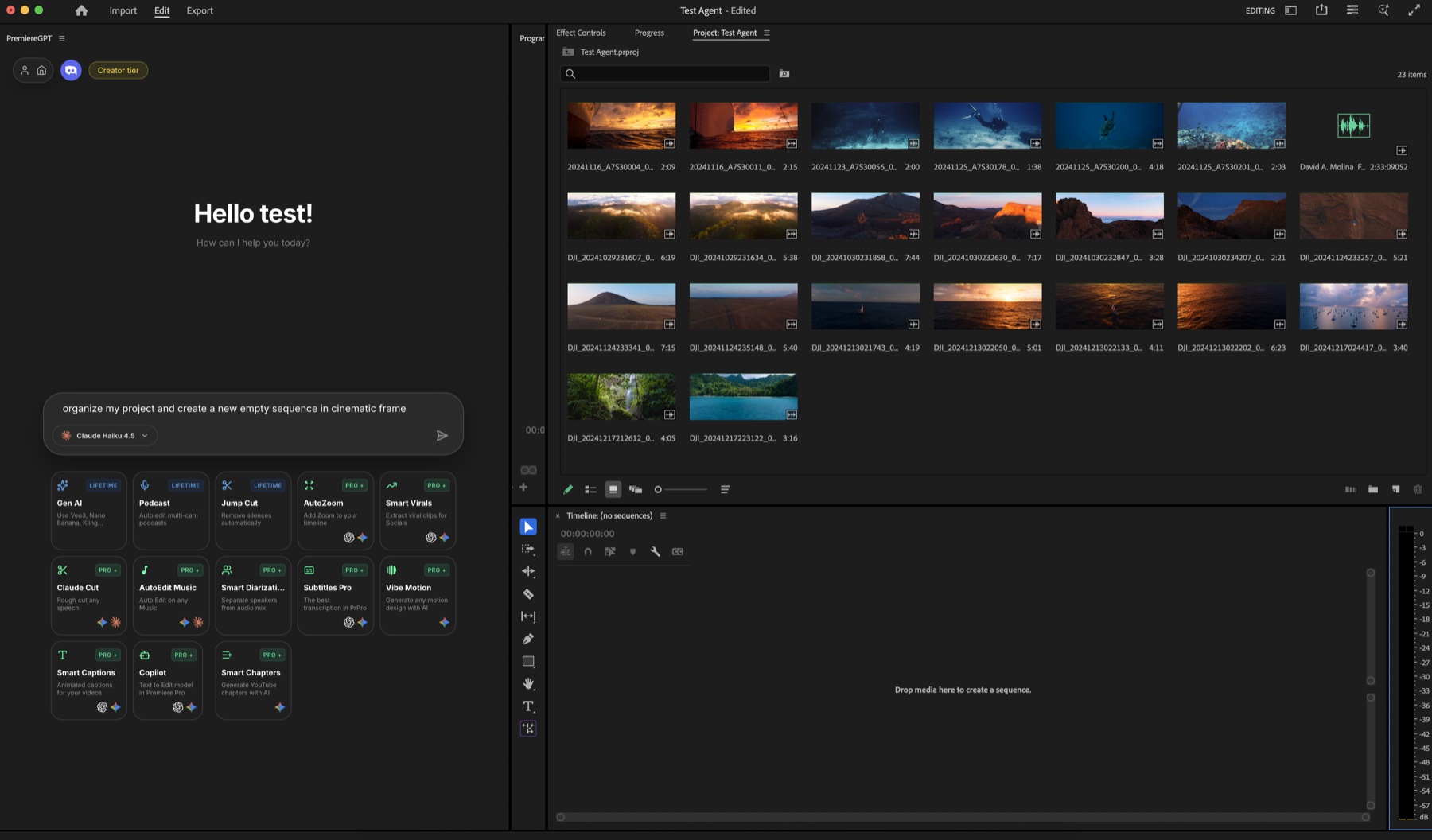 Claude chat — type a plain-English edit into DaVinci Resolve