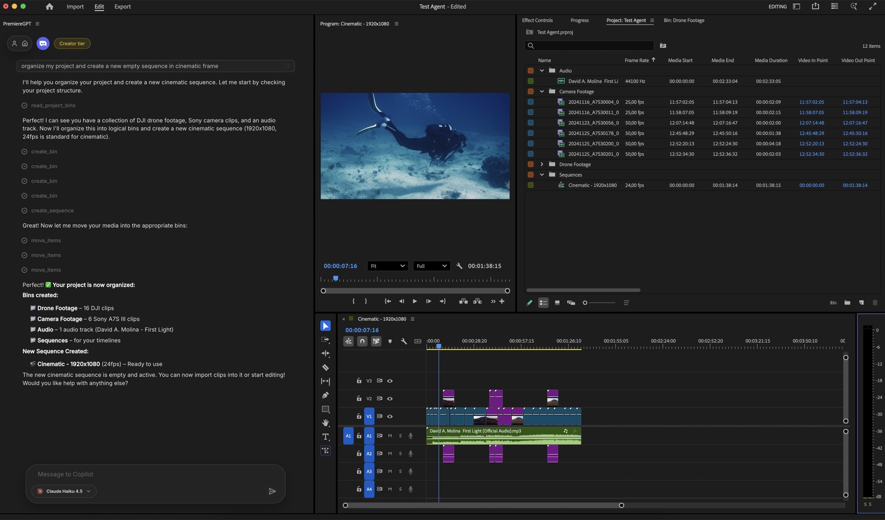 Native DaVinci Resolve edits applied on the timeline by Claude — cuts, markers, titles