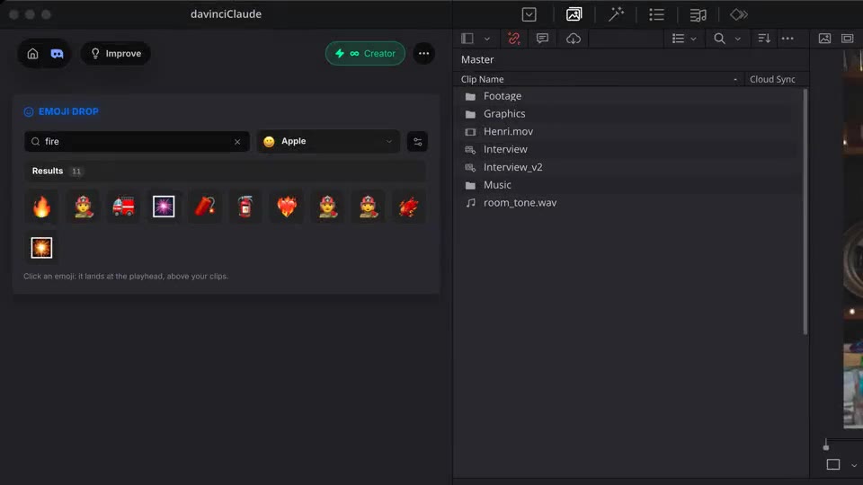 Un emoji flamme apparaît sur l'intervenant au moniteur et en clip sur la piste V3