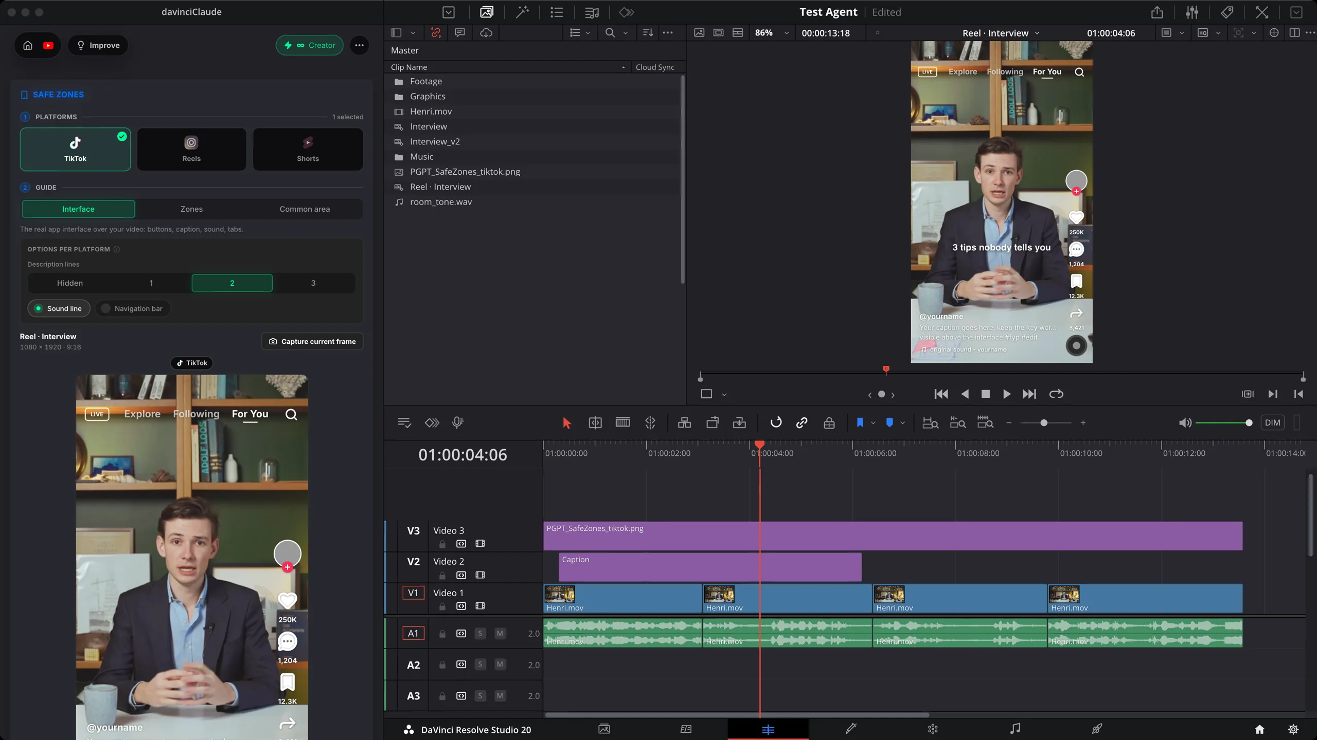 DaVinci Resolve のプログラムモニターで縦型インタビューに TikTok の画面を重ねた Safe Zones ガイド(V3 トラック)