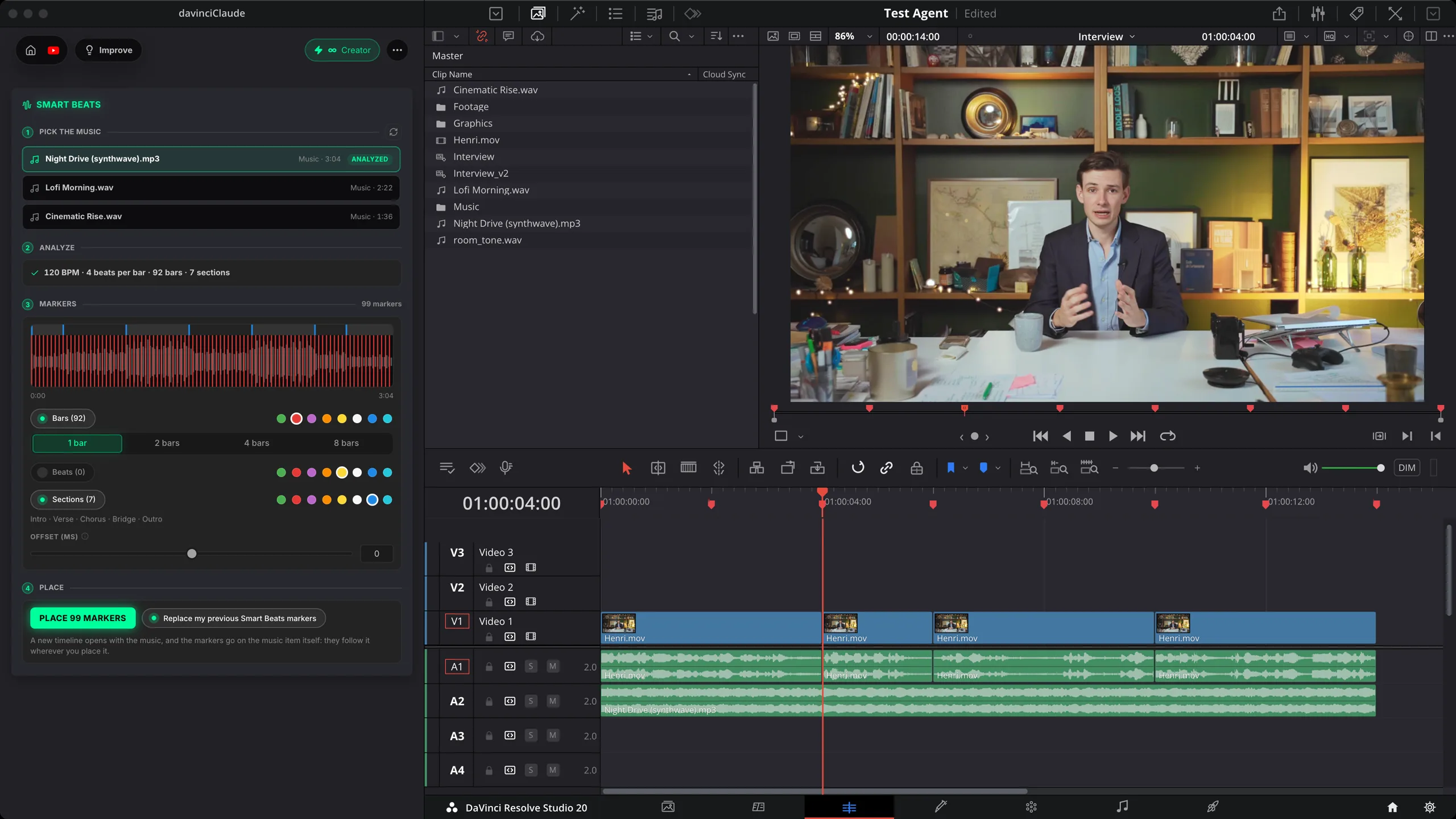Smart Beats Panel mit einer Analyse bei 120 BPM und roten Takt-Markern auf einer DaVinci Resolve Timeline, in der das Interview auf den Takten geschnitten ist