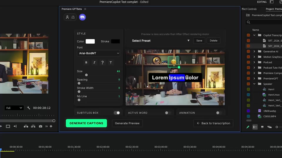 Generating native PNG caption clips on the DaVinci Resolve timeline