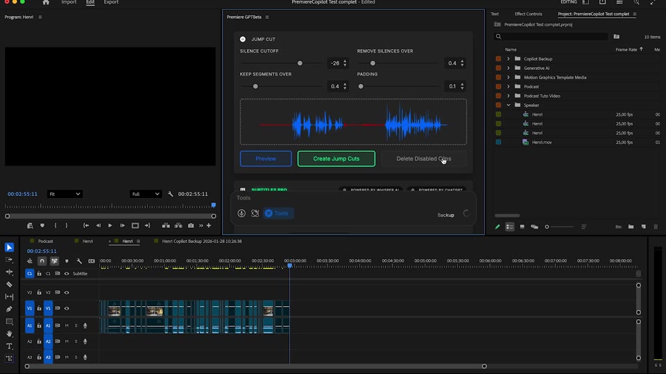 Applying silence-removal cuts to the DaVinci Resolve timeline