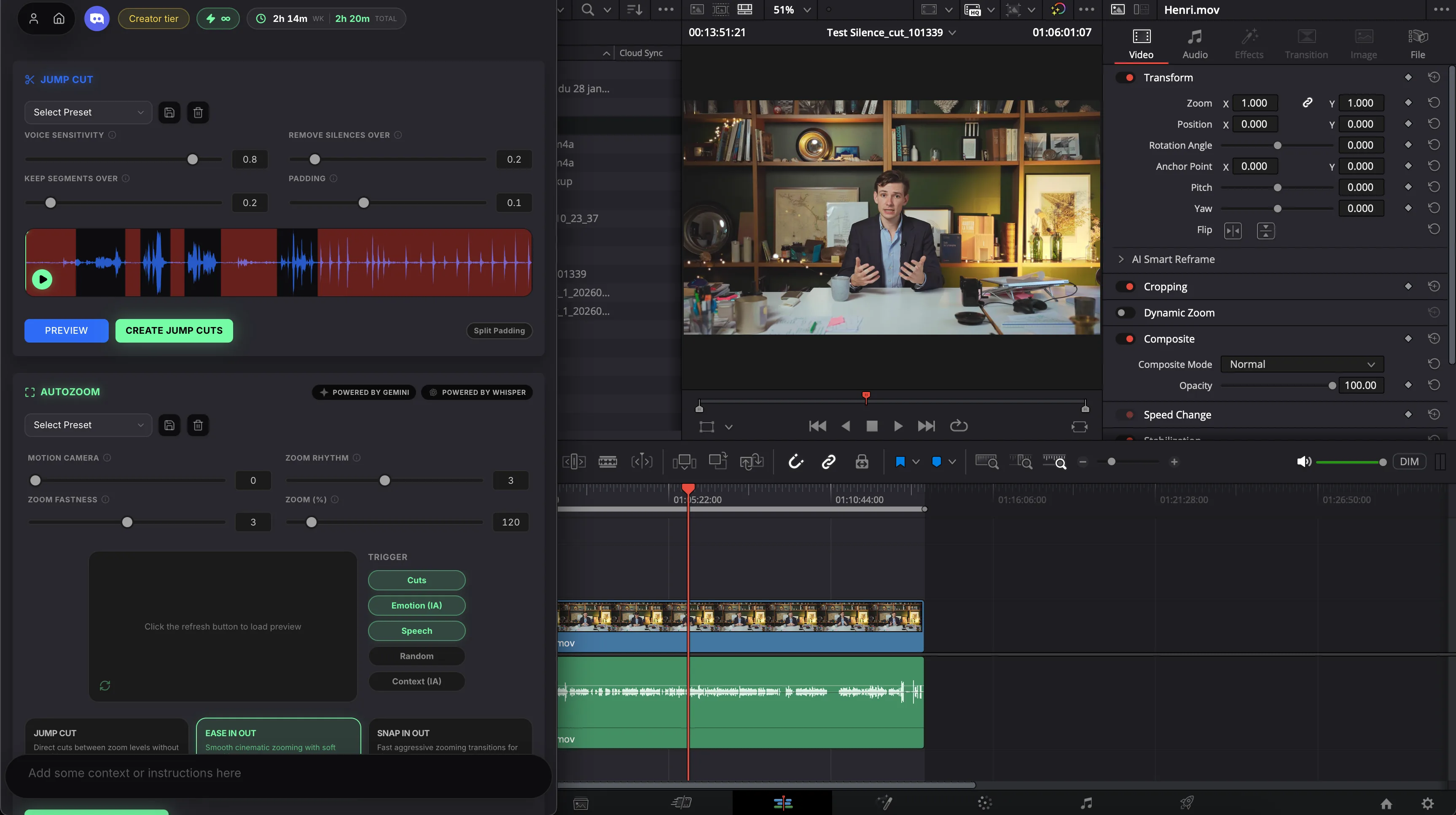 Smart Silences detecting and removing silences from a DaVinci Resolve timeline