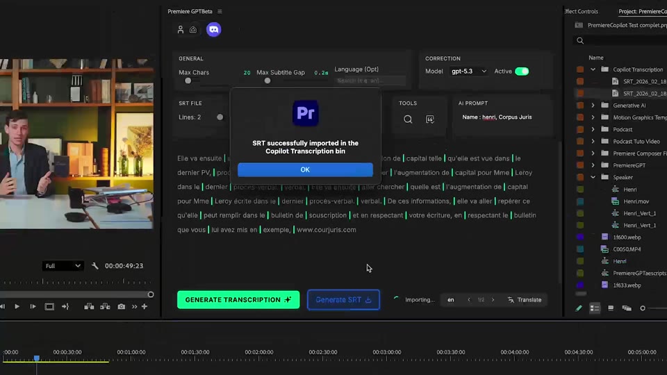 Imported SRT subtitle track on the DaVinci Resolve timeline