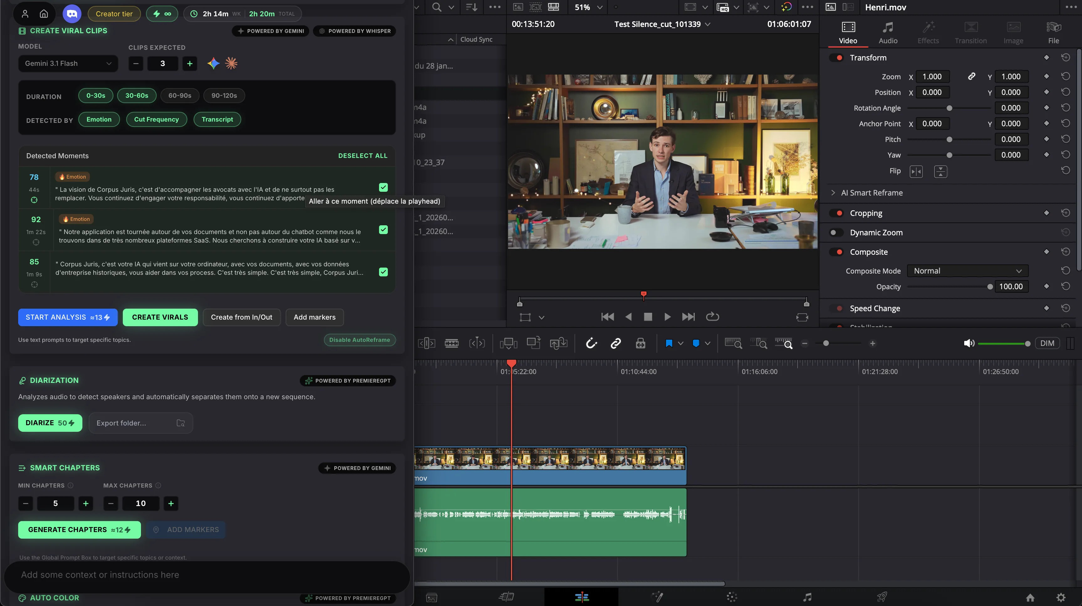 Smart Virals turning a long timeline into 10 ranked viral clips inside DaVinci Resolve