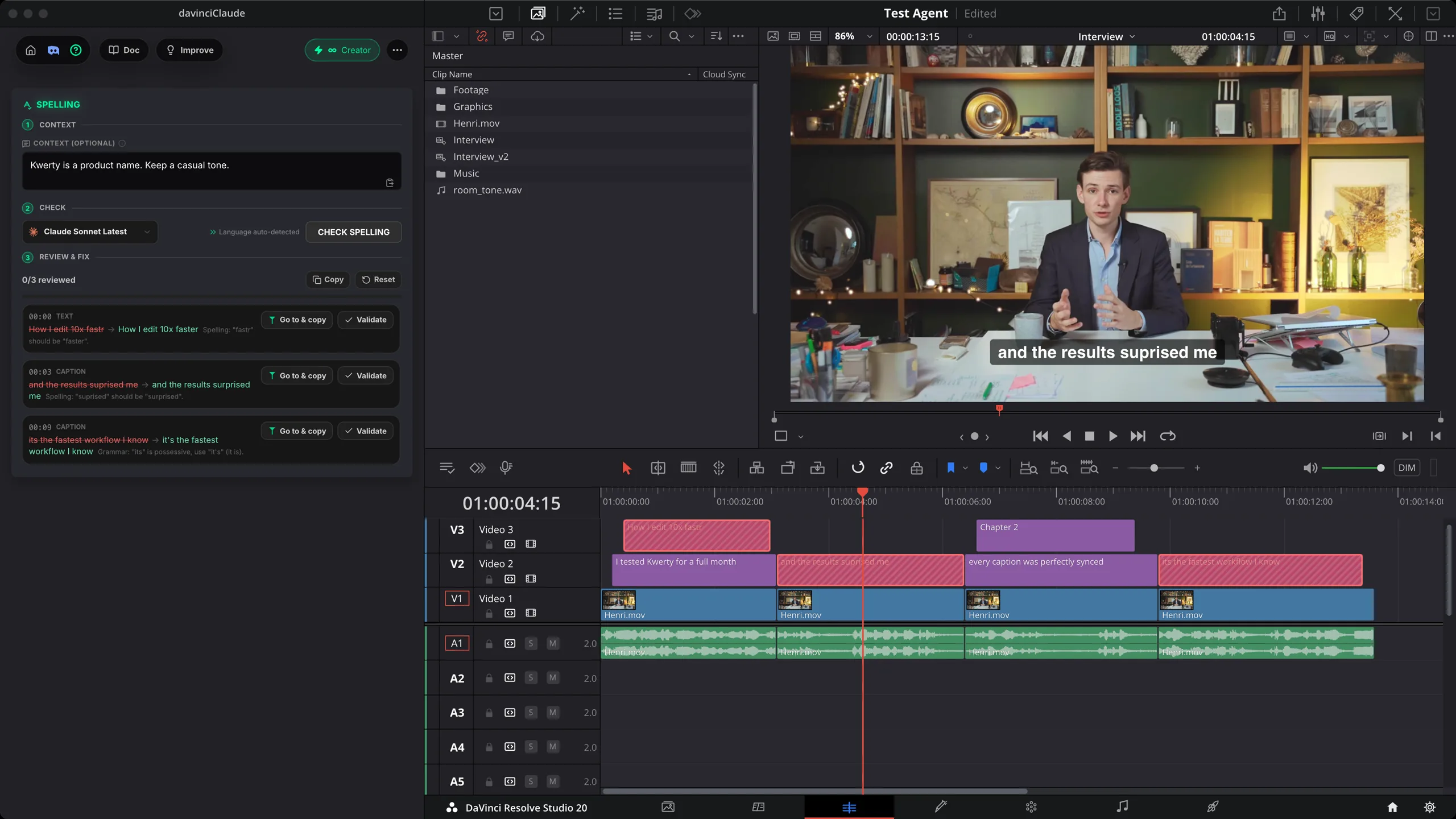 Spelling Panel mit drei Korrekturen samt Timecode, fehlerhafte Untertitel und Titel rot markiert auf einer DaVinci Resolve Timeline
